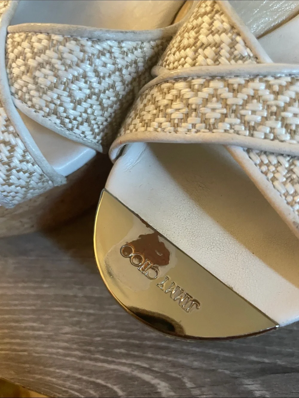 Jimmy Choo Cream Woven Cork Platform Wedge Sandals